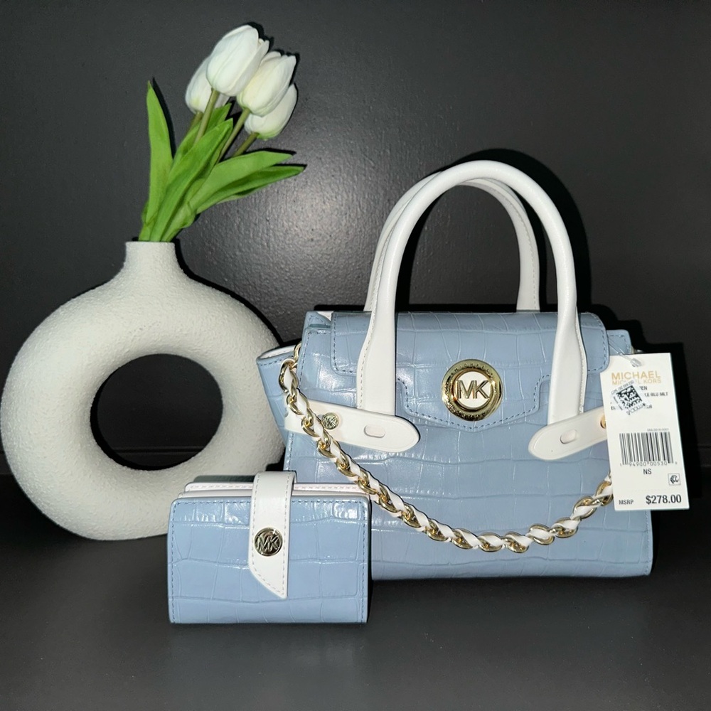 NWT Baby Blue Michael Kors Purse with Matching Wallet and Gold Details